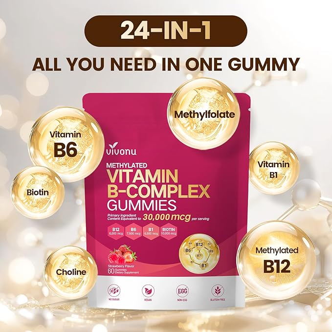 VivoNu Multivitamin Methylated Vitamin B Complex Gummies Vitamin B12 B6 B1 B2 B3 B5A C D E and Folate (1)