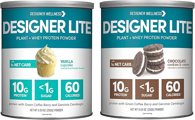 Designer Wellness Designer Lite Low Calorie Natural Protein Prebiotic Fiber Key Vitamins &amp Minerals Vanilla Cupcake and Chocolate Cookies &amp Cream Bundle
