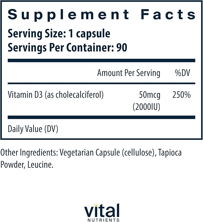 Vital Nutrients Vitamin D 2000 IU - Vitamin D3 Supplement - Healthy Bones Teeth Muscles*- Cellular &amp Immune Function - Calcium Absorption - Gluten Dairy and Soy Free - 90 Capsules