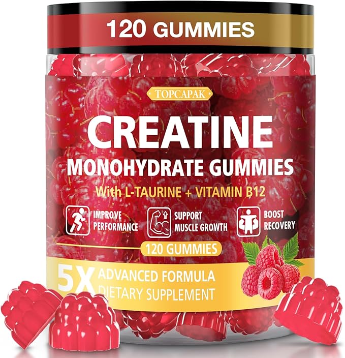 Creatine Gummies for Men &amp Women - Chewable Creatine Gummy with Taurine &amp Vitamin B12 5g Creatine Monohydrate per Serving 120 Gummies - Raspberry Flavor Raspberry-Shaped