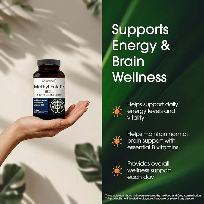 NatureBell Methyl Folate 15mg - 240 Capsules - 5-MTHF with Methyl B12-15mg L-Methylfolate &amp 1000mcg Vitamin B12 - Energy &amp Cognitive Support Supplement* - Gluten-Free &amp Non-GMO