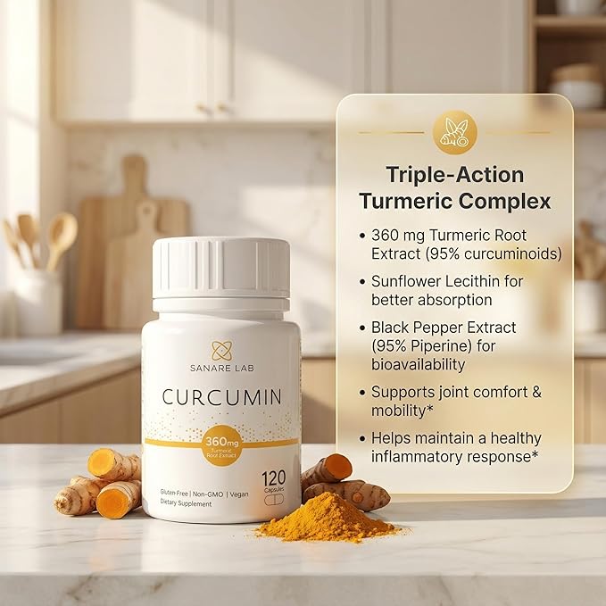 Curcumin Turmeric 360 mg per Serving 120 Capsules with Black Pepper &amp Phytosome Extract | Joint &amp Cellular Support