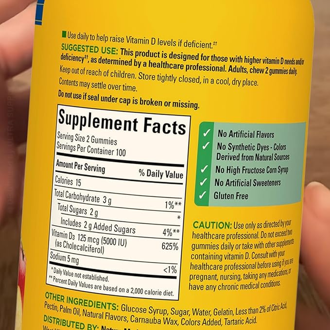 Nature_Mades Vitamin D3 Gummies 5000 IU (200 Count. Value Pack) - Extra Strength 125 mcg - Supports Bone Teeth &amp Muscle Health - Strawberry Peach Mango Flavor