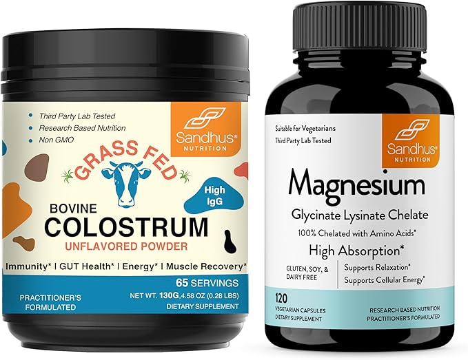 Sandhu's Bovine Colostrum Powder &amp Magnesium Glycinate Lysinate Capsules | Helps Gut Immune Heath &amp Sleep Support