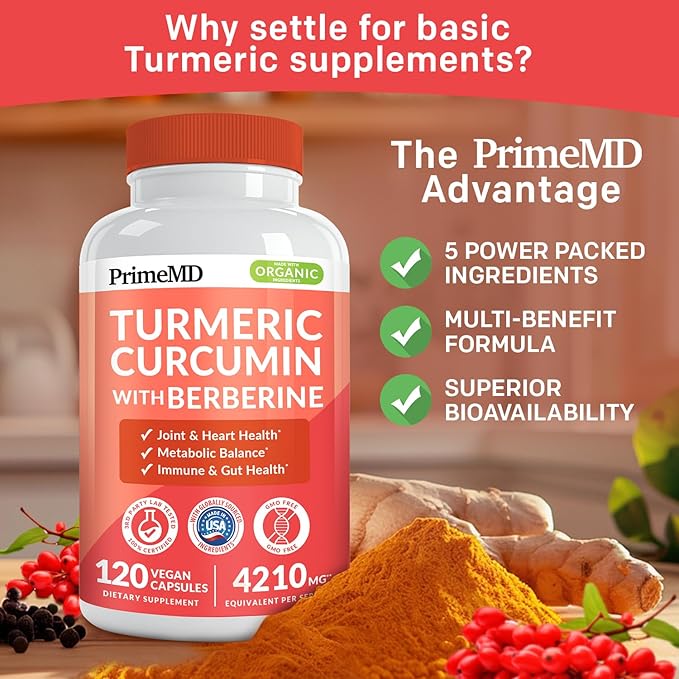 5-in-1 Organic Turmeric Curcumin Supplement (4210mg) with Berberine Ceylon Cinnamon Bioperine and Ginger Supplements for Joint Heart Gut &amp Metabolic Support (120 ct) (Pack of 2)