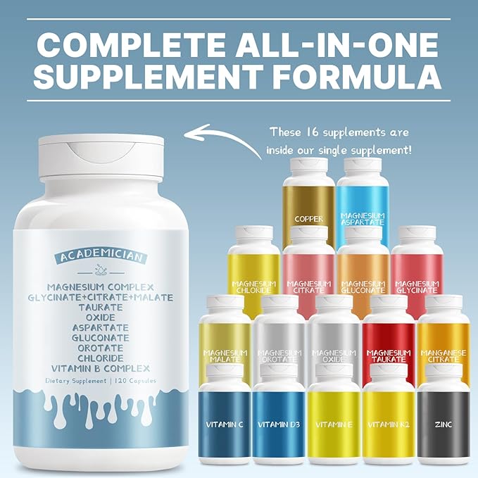 Magnesium Complex Capsule with Magnesium Citrate Glycinate Malate Oxide Taurate Vitamin B Complex Supplement - 120 Count