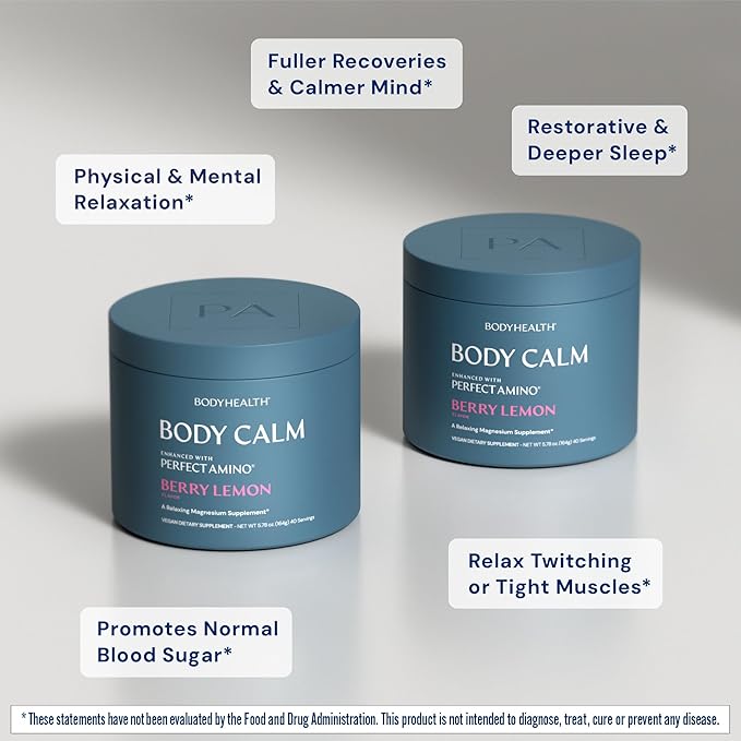 BodyHealth Body Calm Enhanced with PerfectAmino High Absorption Magnesium Supplement for Men and Women Magnesium Powder for Sleep Berry Lemon (40 Servings)