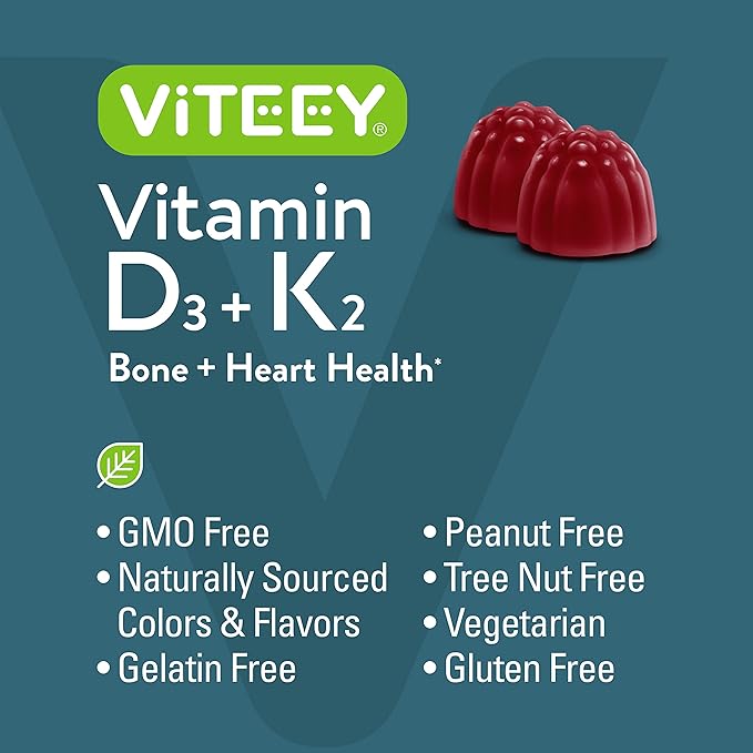 VITEEY Vitamin D3 K2 Gummies - 1000 IU Vitamin D3 and K2 100mcg - Bone &amp Heart Health for Adults and Teens - Vegetarian Gelatin Free GMO Free - Tasty Chewable D3K2 Vitamins Strawberry Flavored G