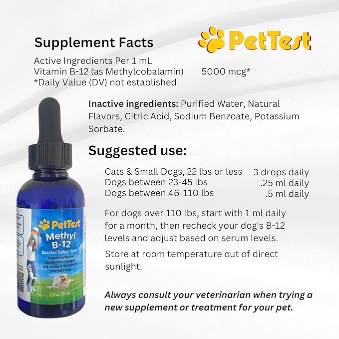 PetTest Methyl B12 Vitamin Liquid Drops 2fl oz (5000 MCG) Supplement with Methylcobalamin for Diabetic Pets Maximum Absorption to Increase Energy for Dogs and Cats