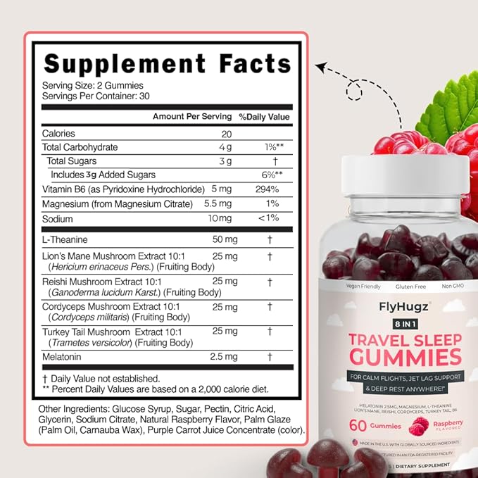 FlyHugz Travel Sleep Support Gummies for Adults with Melatonin L Theanine and Magnesium 60 Vegan Gummies 30 Day Supply Supports Relaxation Calm and Restful Sleep Raspberry Flavor