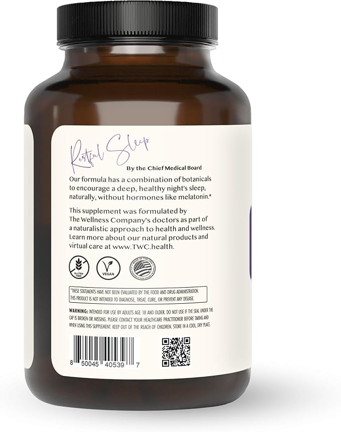 The Wellness Company Restful Sleep - Melatonin-Free Deep Sleep REM Support Non-Habit Forming - Kava Rafuma Leaf Ashwagandha &amp Valerian Root | 120ct (2 Month Supply)