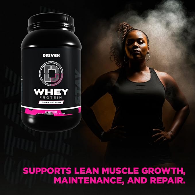Driven WHEY- Whey Protein Powder: Delicious Clean Protein Shake- Improve Muscle Recovery with 23 Grams of Protein with Added BCAA and Digestive Enzymes (2lb Cookies &amp Cream)