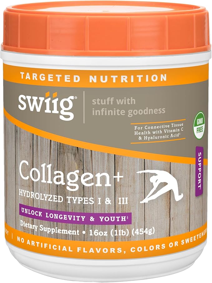 swiig Collagen+ Protein Powder 1lb – Supports Skin Hair Nails &amp Joint Health – 20g Grass-Fed Bovine Collagen per Serving Gluten-Free No Artificial Ingredients