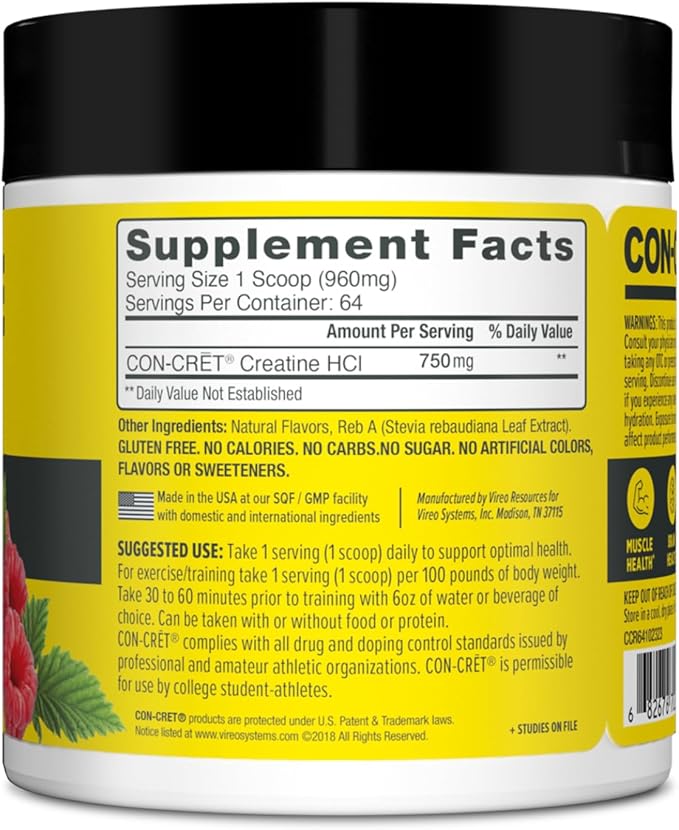 CON-CRET Creatine HCl Powder | Muscle Cognitive Cellular Energy Support | No Bloating or Cramps | USA Made &amp NSF Certified | Raspberry (64 Serving)