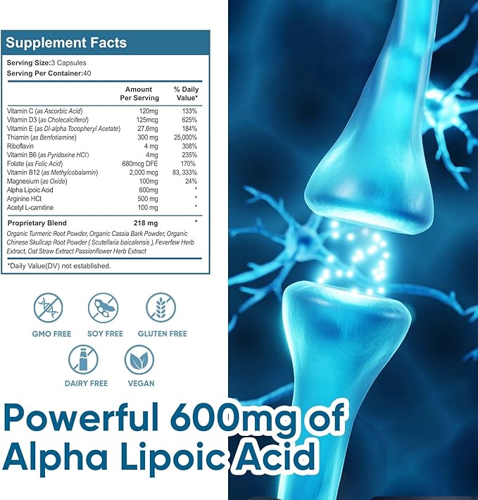 Nerve Savior for Neuropathy 120 Capsules with 600mg Alpha Lipoic Acid Benfotiamine &amp B12 for Discomfort in Feet Hands Legs Back &amp Neck
