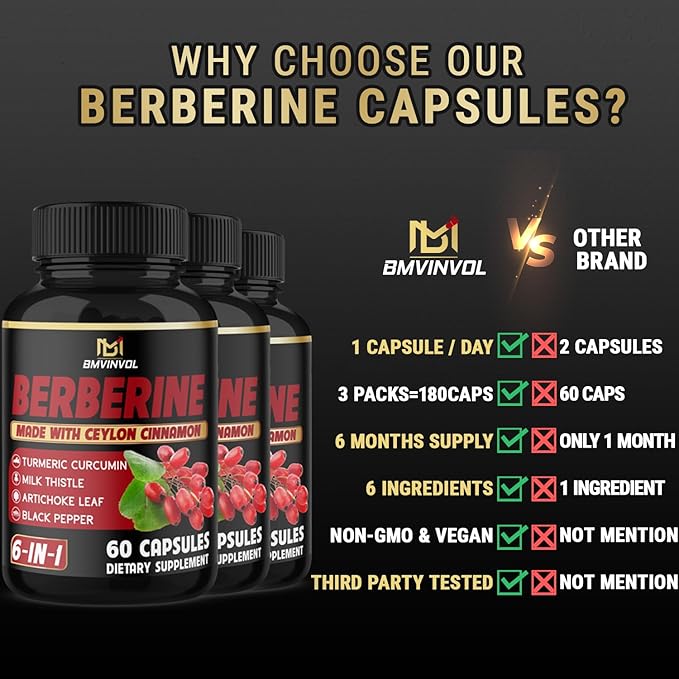 (3 Packs) Berberine Supplement Plus Ceylon Cinnamon Milk Thistle Turmeric Artichoke Leaf Black Peppe - 6 Month Supply - 180 Capsules Total
