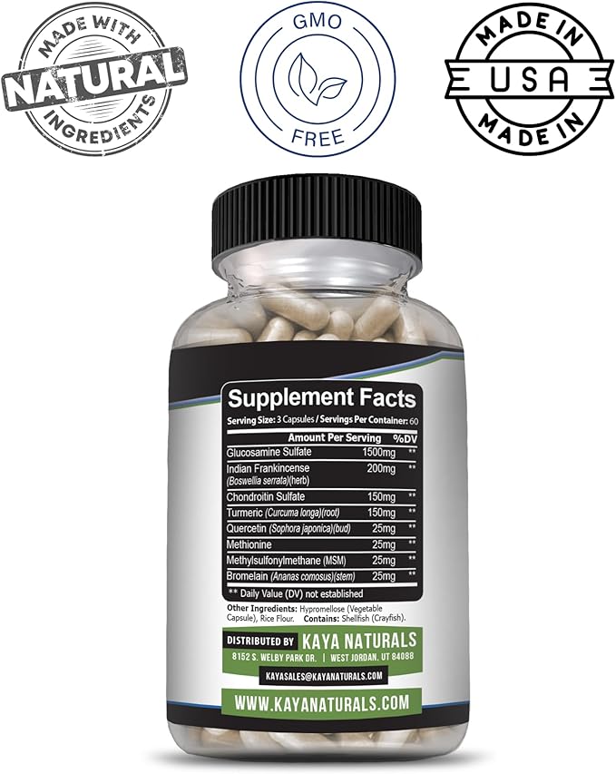 Kaya Naturals Flex Aid - Mobility Support Supplement for Men and Women - Turmeric Capsules with Glucosamine Sulfate Boswellia Serrata and MSM - for Knee Support and Mobility Health - 180 Count