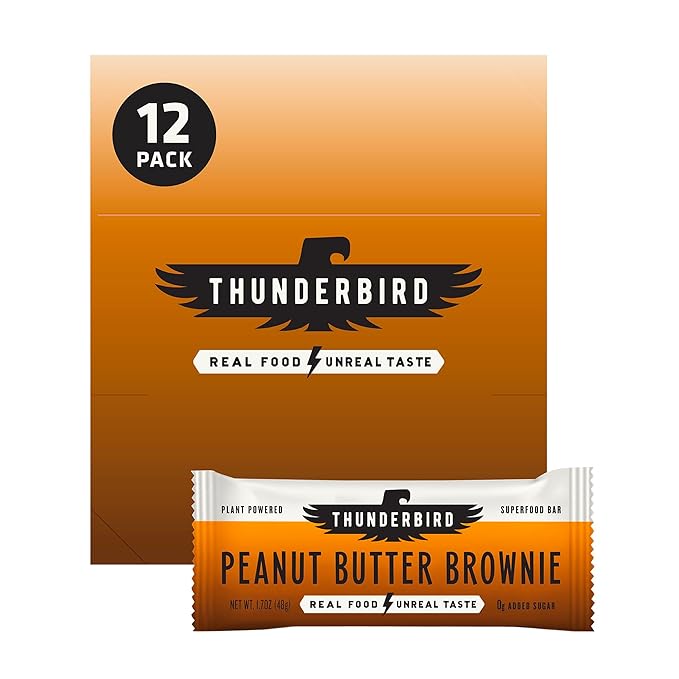 Thunderbird Bars Energy Snack Gluten-Free with Protein Healthy Real Food Vegan Non-GMO No Added Sugar (12 Count 1.7 oz. Bars) (Peanut Butter Brownie)