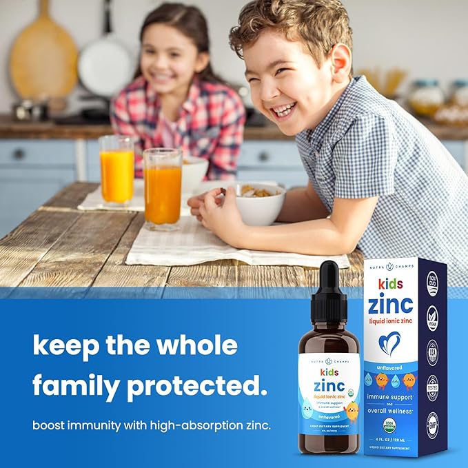 NutraChamps Liquid Zinc Drops for Kids Ionic Zinc Drops Enhanced with Vitamin C for Children Sugar-Free 4 oz Vegan &amp Non-GMO Unflavored 60 Servings 2 Month Supply