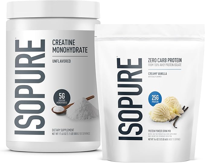 Isopure Bundle of Zero Carb 100% Pure Whey Isolate Protein Powder Creamy Vanilla 25g Protein Per Serving 1 Lb 14 Servings + Isopure 100% Pure Creatine Monohydrate Powder 100 Servings