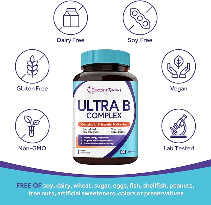 Doctor's Recipes Probiotics for Women + Ultra Vitamin B Complex Bundle 140 Billion CFU Probiotics with Organic Prebiotics 10 Strains Plus All 8 Essential B Vitamins with B12 Methylcobalamin Daily