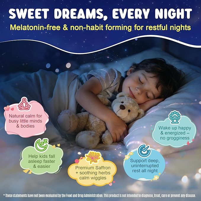 Kids Sleep Gummies NO Melatonin - Triple Magnesium Glycinate + Saffron GABA Berry &amp Nut Superfood Gummies Sugar Free Nighttime Sleep Aid &amp Calm for Kids 4+ Teens Relaxation Brain &amp Mu