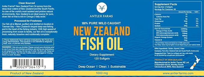 Antler Farms - 100% Pure Wild Caught New Zealand Fish Oil from Deep Ocean Cold Water Fish 120 Softgels - Clean Fresh Omega-3 EPA + DHA Supplement Keto Friendly Super Clean