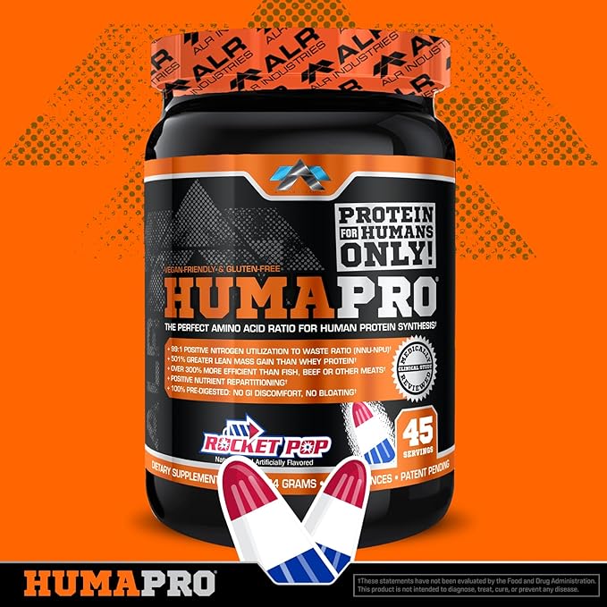 Humapro | Amino Acids Protein Matrix for Humans | 99% Utilization for Lean Muscle | Vegan Gluten Free | 334g / 45 Servings (Rocket Pop)