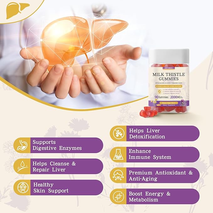 Milk Thistle Gummies with 2000MG Extract Liver Health Support Gummies Silymarin Milk Thistle Supplement with Artichoke Dandelion Turmeric Curcumin No Sugar for Adults Vegan 180 Count
