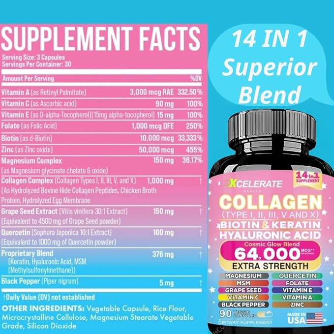 14 In 1 Collagen Supplement - Peptides Types l II III V X Biotin Keratin Hyaluronic Acid Folate Zinc Quercetin Apple Cider Vinegar Magnesium Grape Seed Hair Skin Nail Health Support (Label May Vary)