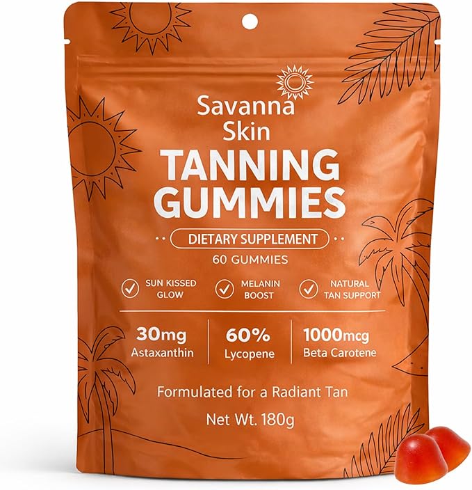 Savanna Skin Tanning Gummies with Vitamin C &amp E Astaxanthin Beta Carotene Skin Radiance &amp Hydration for Natural Looking Glow Bronzing Non-GMO Vegan &amp Sugar Free - 60 Count (1)