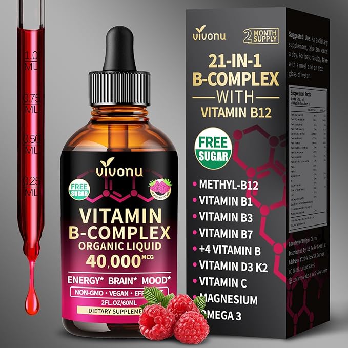 Vitamin B Complex Liquid Drops Vitamin B12 (6000 mcg) B6 B1 B2 B3 B5 Biotin B7 and Methylfolate Support Energy Raspberry Flavor Natural Ingredient Non GMO B Complex Vitamins Supplements