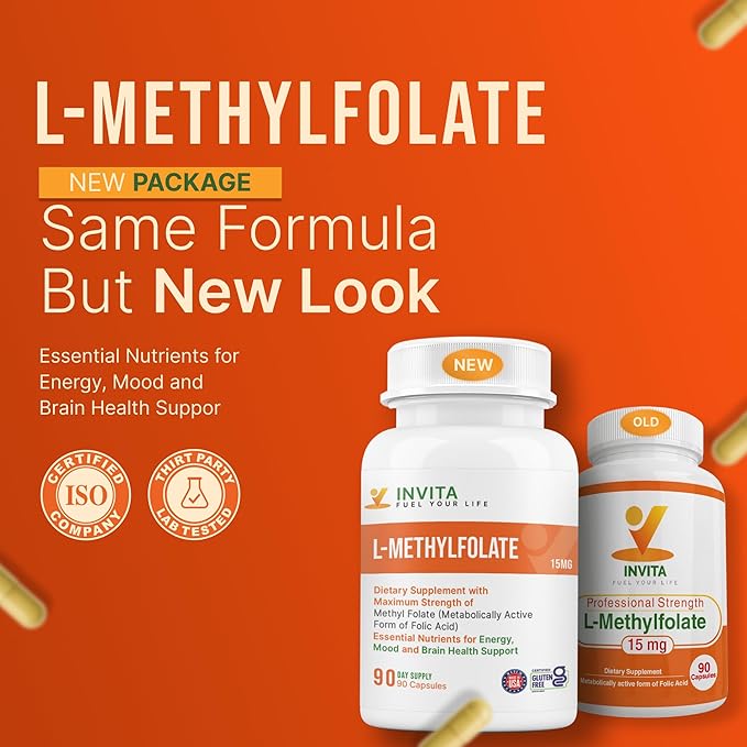 INVITA L-Methylfolate 5mg – Physician Formulated Active Methyl Folate - 5-MTHF Supplement for Energy Mood &amp Brain Health Support - Non GMO Gluten Free 90 Capsules (3 Month Supply)
