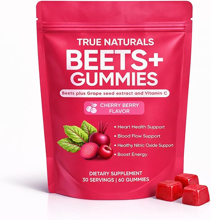 Beets+ Gummies - Beet Root Powder with Grape Seed Extract &amp Vitamin C Nitric Oxide Support Formula for Circulation &amp Cardiovascular Wellness Sugar-Free Dietary Supplement - 60 Gummies