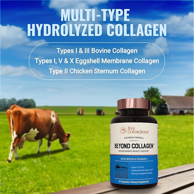 Live Conscious Beyond Collagen Multi Collagen Capsules - Types I II III V &amp X - Hydrolyzed Blend with Biotin &amp Vitamin C for Hair Skin Nails 90 Capsules