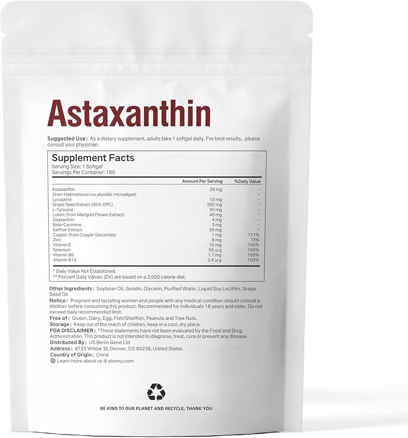 VivoNu 14-in-1 Astaxanthin 24mg &amp Lutein 40mg with Zeaxanthin Supplements 24 Month Supply 720 Softgels 4 Bag