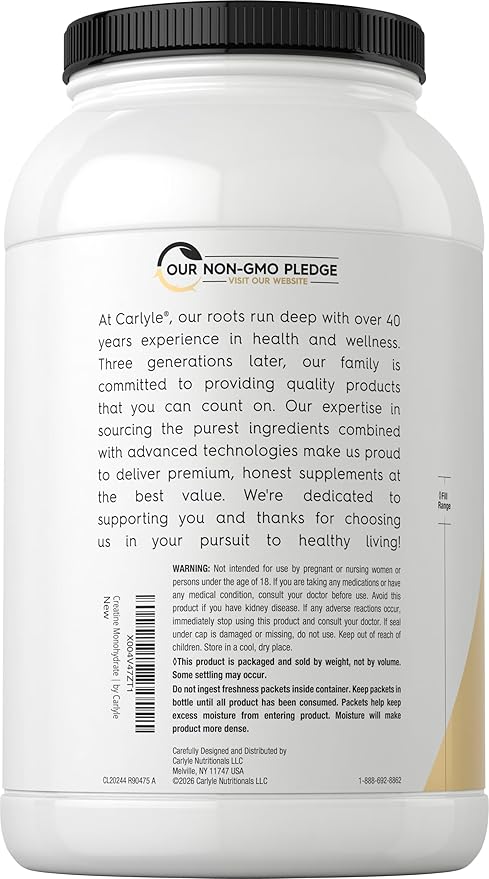 Carlyle Creatine Monohydrate Powder 5000mg | 200 Servings | Unflavored | 2.2lbs | Micronized Creatine Supplement | Vegan Non-GMO Gluten Free