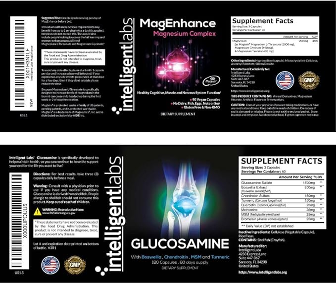 Intelligent Labs 2-in-1 Bundle of MagEnhance Triple Magnesium Complex (Magnesium Threonate Supplement with Mg Taurate and Mg Glycinate) + Glucosamine and Chondroitin Joint Care Complex with MSM