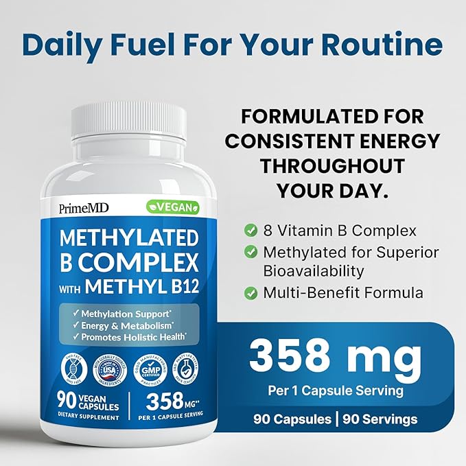 Methylated B Complex with Methylfolate and B12 Methylcobalamin 1000 mcg - Methylated Multivitamin for Energy Brain Function and Wellness - Vitamin B Complex for Men &amp Women (90 Servings) (Pack o