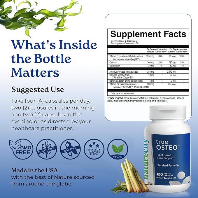 NatureCity True-Osteo Plant-Based Supplement for Bone Strength | AlgaeCal Calcium &amp Magnesium Plant-Based Vitamin D3 Vitamin K2 Silicon| Gentle on Stomach (120 Veggie Capsules)