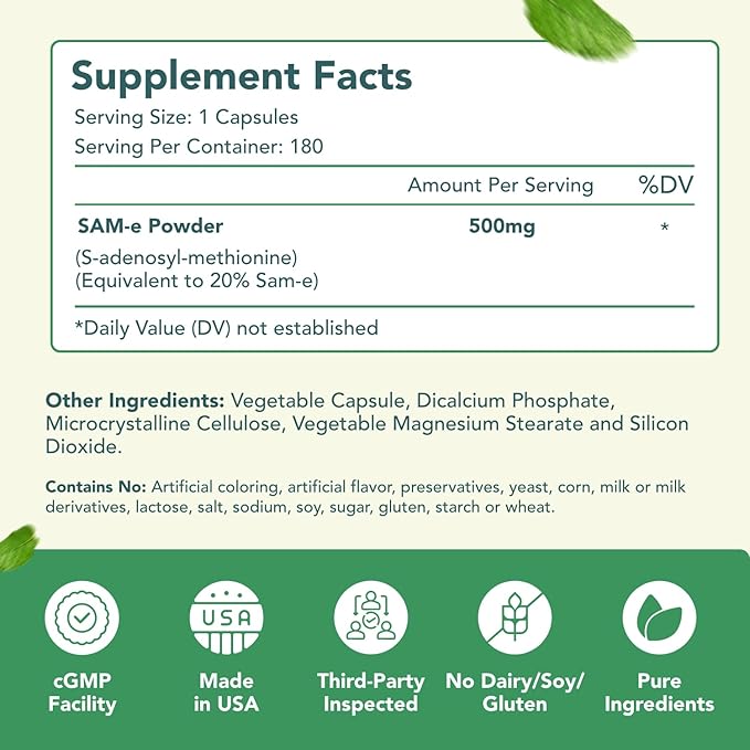 500mg SAM-e &amp Coenzyme Q10 200mg CoQ10 Supplement Bundle - Brain Mood Focus and Energy Support Bundle with CoQ10 and S-Adenosyl-L-Methionine Capsules (Over 6 Month Supply)