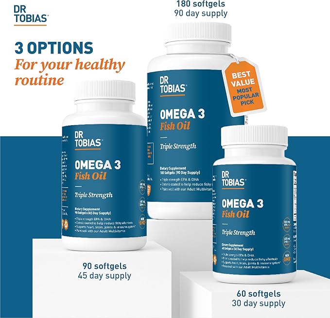 Dr. Tobias Omega 3 Fish Oil 2000mg Triple Strength with 800mg EPA 600mg DHA Per Serving | Fish Oil Omega 3 Supplements for Heart Brain &amp Immune Support - 90 Softgels (45 Servings)