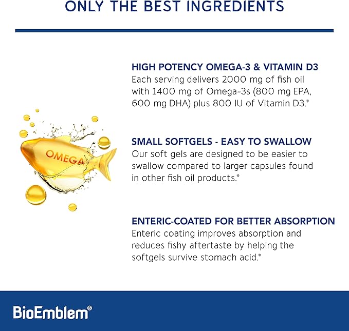 BioEmblem Omega-3 Fish Oil 2000mg - Small Size Softgels High Absorption Form Sustainable - 1400mg EPA &ampDHA Plus Vitamin D3 Non-GMO Heart Joint &amp Brain Health Fish Oil Supplement 120 Ct
