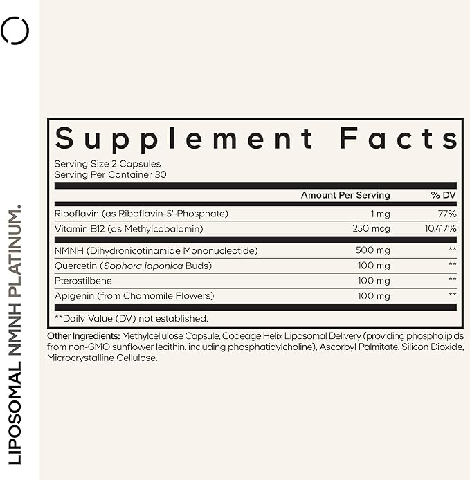 Codeage Liposomal NMNH Platinum - 500 mg NMNH Supplement NAD+ Precursor with Quercetin Pterostilbene Apigenin Active B Vitamins B2 Riboflavin &amp Vitamin B12 Methylcobalamin - Non-GMO - 60 Capsu