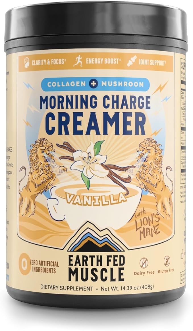 Earth Fed Muscle Morning Charge Protein Coffee Creamer with Collagen &amp Lion’s Mane – Organic Coffee Creamer with Adaptogenic Mushrooms – Dairy-Free Soy-Free Gluten-Free – 24 Serving