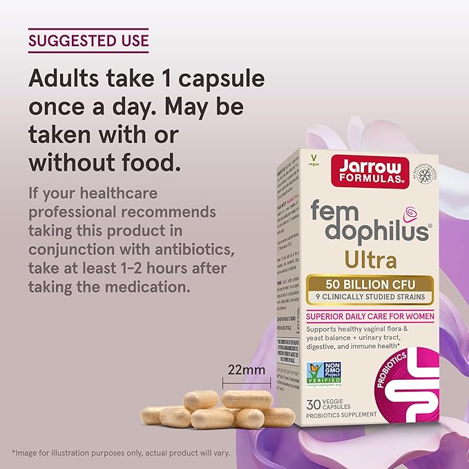 Jarrow Formulas Fem-Dophilus Vaginal &amp Digestive Probiotic 50 Billion CFU 9 Clinically-Studied Strains for Vaginal Flora &amp Yeast Balance Urinary Tract Digestive &amp Immune Support 30 C