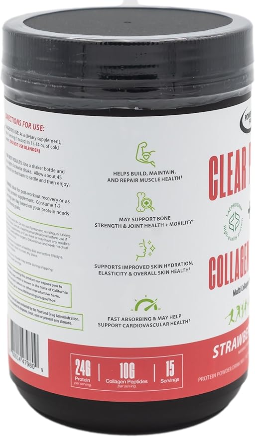 Clear Protein &amp Collagen Peptides Protein Powder Drink Mix - Naturally Sweetened &amp Flavored Gluten Free Lactose Free - Protein + Marine Collagen - 15 Servings (Strawberry Kiwi)
