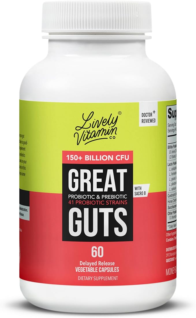 LIVELY VITAMIN CO. Great Guts Probiotic - 150 Billion CFU Probiotic - Balance Gut Microbiome GI Tract Inflammation Indigestion Reflux Upset Stomach &amp Diarrhea - 60 Caps