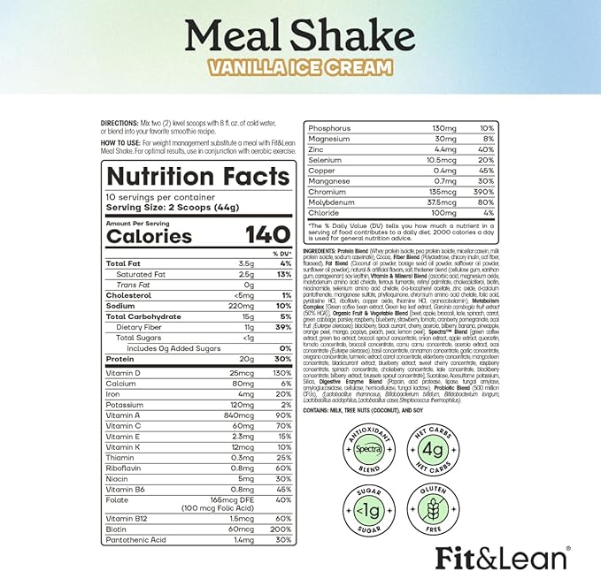 Fit &amp Lean Meal Shake Fat Burning Meal Replacement Protein Fiber Probiotics Vanilla 1lb 10 Servings Per Container