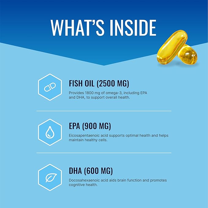 Omega-3 MD - EPA &amp DHA Supplement - 2500mg Omega 3 Fish Oil for Heart Health Brain Support Joint Comfort &amp Overall Wellness - 1 Bottle - 3 Month Supply